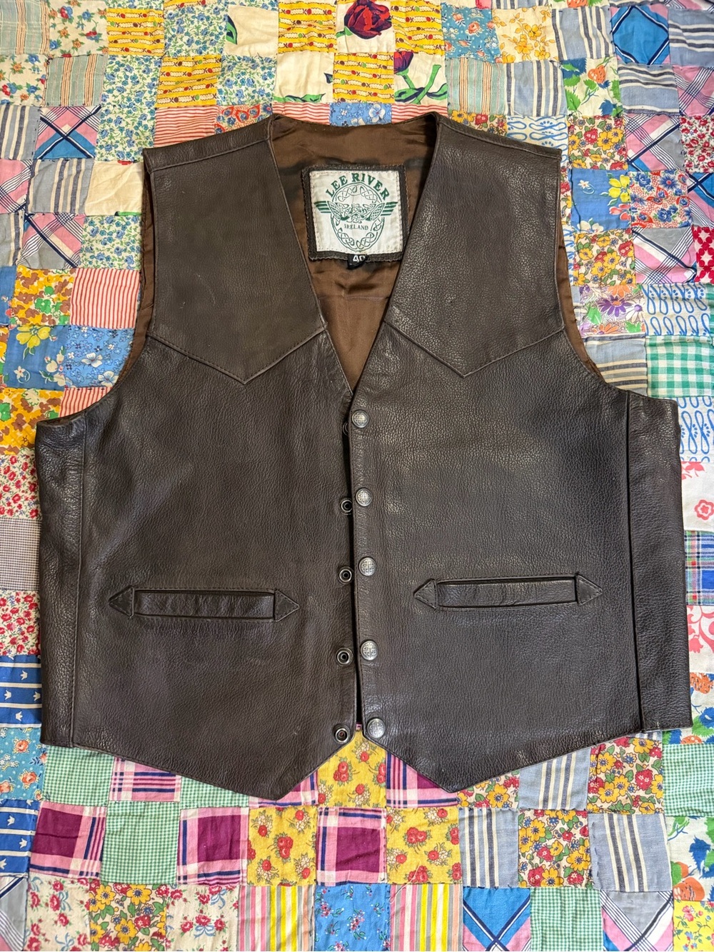 VTG Lee River Ireland Brown Leather Snap Button Vest Motorcycle Western MED